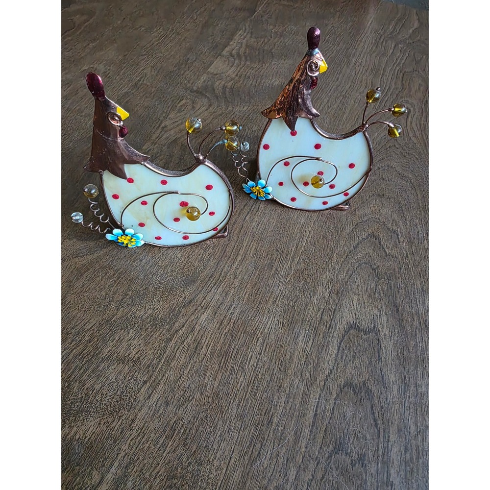 Vintage Stained Glass Chicken Tea Light Candle Holders Set of 2 Farmhouse Decor